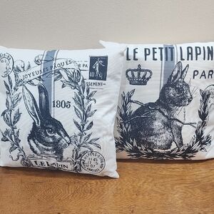 Set Of Two Black & Cream Rabbit Print Throw Pillows Parisian Text Linen Like